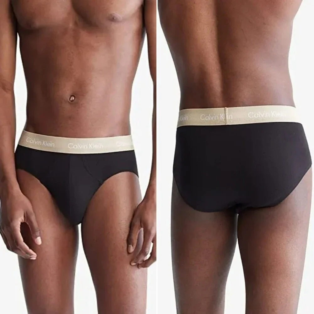 Calvin Klein Men's Cotton Stretch 3-Pack Hip Brief, Black w Multi Waistb…